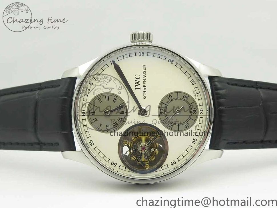 MIROTIME 0426 Upgraded Portuguese Flying Tourbillon SS White Dial 2 Sub Dials on Black Leather Strap 7161